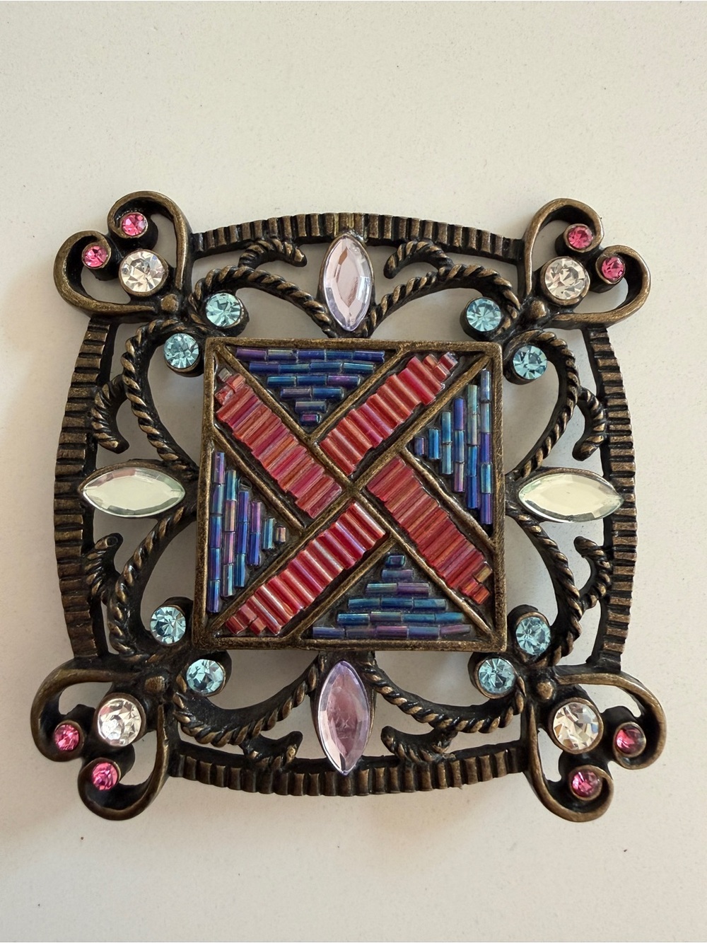 BELT BUCKLE Large Statement Ornate Coloured Rhinestones Beaded Geometric Centre
